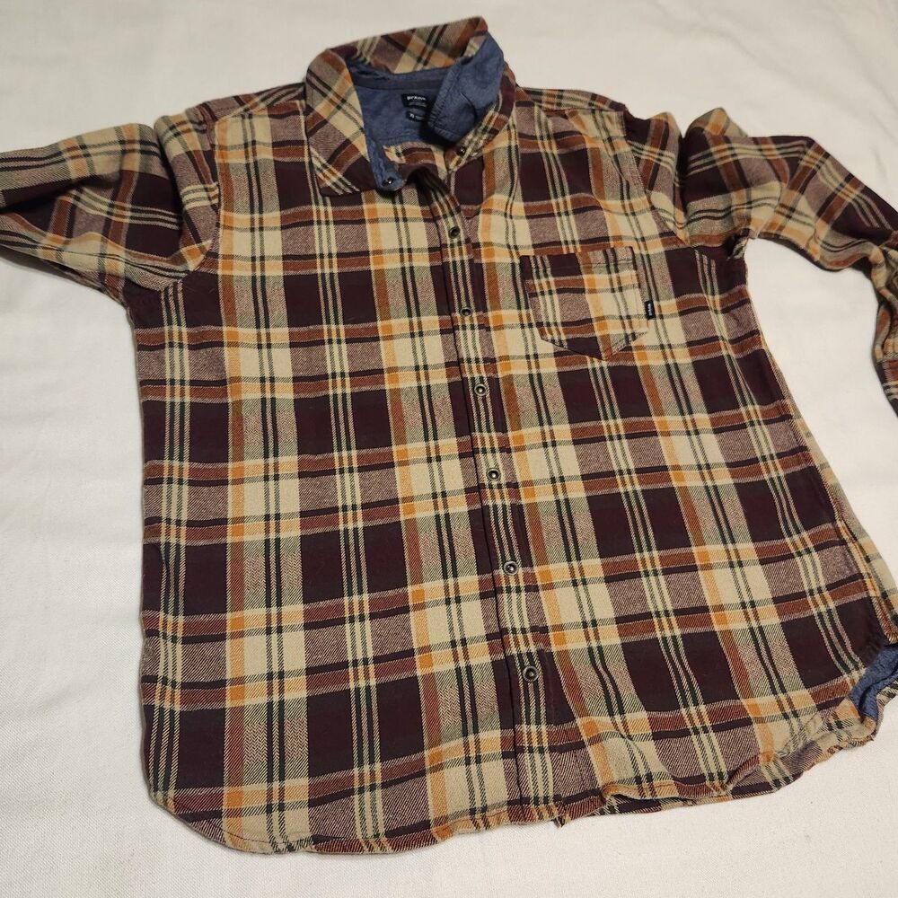 Prana Organic Cotton Brown Plaid flannel Snap Fromt Long Sleeve Shirt - Picture 9 of 10